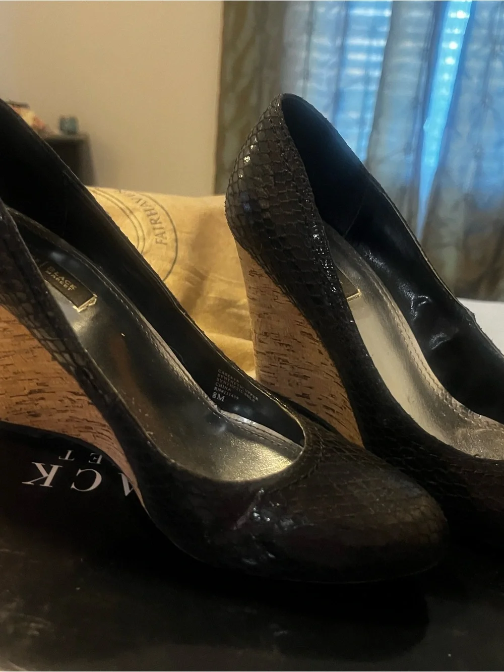 White House Black Market Black Textured Wedge Pumps with Cork Heel